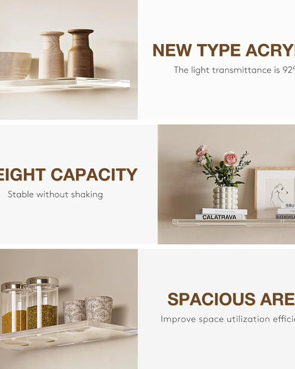 Set of three clear acrylic shelves
