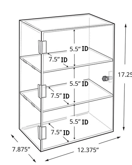 خزانة عرض أزار أكريليك قابلة للقفل، تُوضع على سطح الطاولة، بثلاثة أرفف، عرضها 12.375 بوصة. 