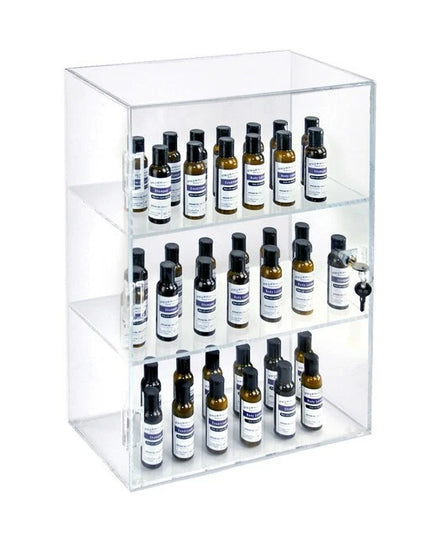 خزانة عرض أزار أكريليك قابلة للقفل، تُوضع على سطح الطاولة، بثلاثة أرفف، عرضها 12.375 بوصة. 