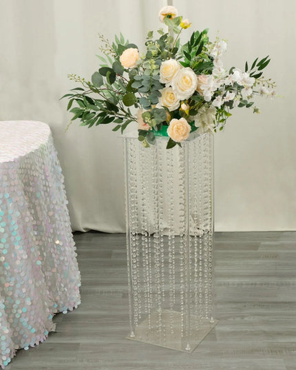 حامل مركزي من الأكريليك الشفاف مقاس 32 بوصة، مزين بخرز كريستالي معلق، لتزيين الحفلات والمنزل.