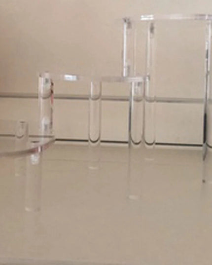 حامل عرض بيضاوي شفاف من الأكريليك بثلاثة أرفف، رف مجوهرات وزينة، ديكور طاولة